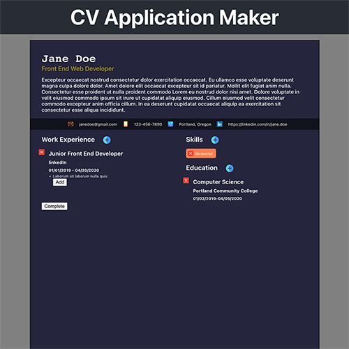 screenshot of cv application website