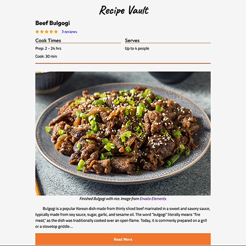 screenshot of recipe website